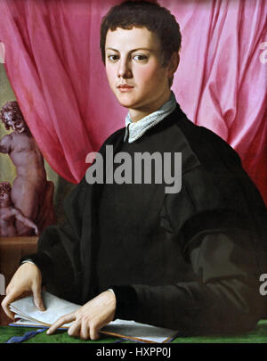 Ritratto di un giovane 1550 Agnolo di Cosimo 1503 –1572 noto come Bronzino italiano, Italia, ( Bronzino stesso compose versi nello stile del grande poeta fiorentino Petrarca (1304-74) ) Agnolo di Cosimo, ha detto, il Bronzino, 1503-1752 Foto Stock