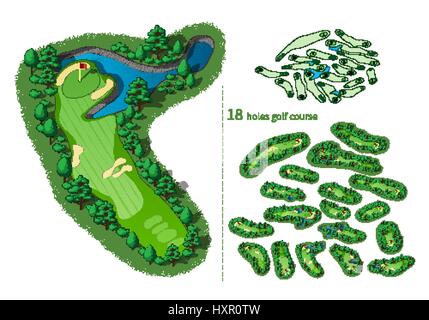 Campo da golf mappa 18 fori. Resort layout con flag di impianti di alberi di trappole di acqua. Mappa vettoriale illustrazione isometrica Illustrazione Vettoriale