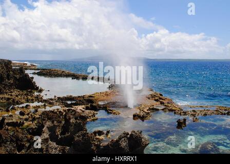 Tinian Soffiatura Il blowhole è una delle attrazioni principali di Tinian, Isole Marianne Settentrionali. Nei giorni di vento, l'acqua si brucia fino a 200 piedi. Foto Stock