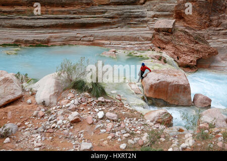 Un escursionista in Havasu Creek, il Parco Nazionale del Grand Canyon, Arizona, Stati Uniti. Foto Stock