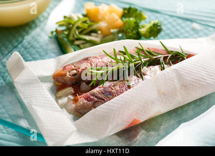 Due triglie avvolto in carta da cucina con rosmarino e verdure al vapore su un quadrato blu lastra di vetro Foto Stock