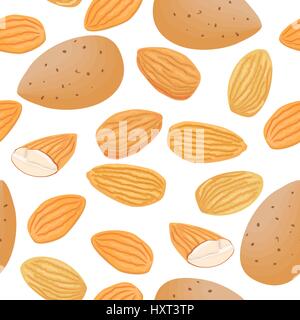 Mandorle noci pelate seamless pattern. Intero e metà Illustrazione Vettoriale