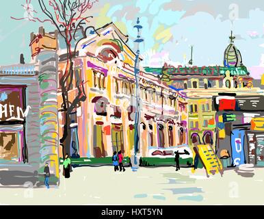 Plein Air la pittura digitale del paesaggio urbano - Kiev Ucraina, contempo Illustrazione Vettoriale