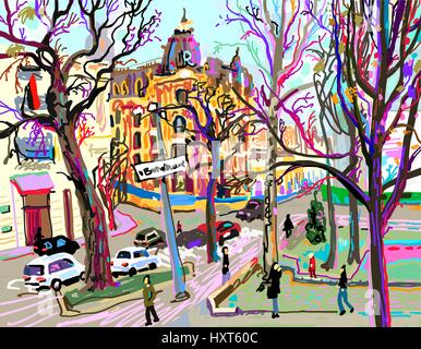 Digital pittura plein air di Kiev street cityscape in primavera Illustrazione Vettoriale
