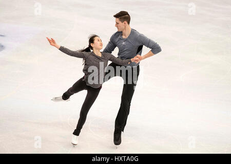 Helsinki, Finlandia. 27 Mar, 2017. Sumire Suto & Francesco Boudreau-Audet (JPN) Pattinaggio di Figura : ISU World Figure Skating Championship coppia in pratica alla Hartwall Arena di Helsinki, Finlandia . Credito: Enrico Calderoni/AFLO/Alamy Live News Foto Stock