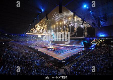 Fuochi d'artificio su Celtic Park Commonwealth Games GIOCHI DEL COMMONWEALTH APERTURA CER CELTIC PARK GLASGOW Scozia 23 Luglio 2014 Foto Stock