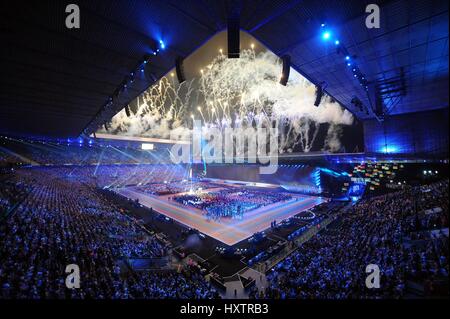 Fuochi d'artificio su Celtic Park Commonwealth Games GIOCHI DEL COMMONWEALTH APERTURA CER CELTIC PARK GLASGOW Scozia 23 Luglio 2014 Foto Stock