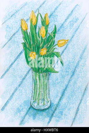 Vita Tranquilla con il tulipano giallo fiori in vaso di vetro. Matita e gouache su carta ruvida. Foto Stock