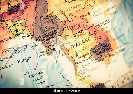 Vintage map Myanmar,Birmania, Close-up macro immagine del Sud Est Asiatico mappa . Messa a fuoco selettiva Foto Stock
