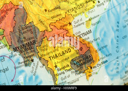 Vintage map Thailandia ,in Vietnam, nel Laos . Close-up macro immagine del Sud Est Asiatico mappa . Messa a fuoco selettiva Foto Stock