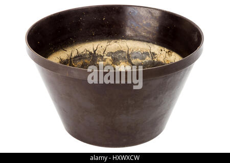 Vecchio grungy plastica vaso di fiori isolati su sfondo bianco Foto Stock