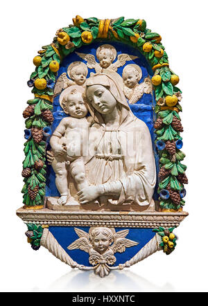 Terracotta smaltata pannello di rilievo della Vergine con il Bambino e i cherubini, Andrea della Robbia, Firenze circa 1435-1525. Inv campana 32, il Louvre M Foto Stock