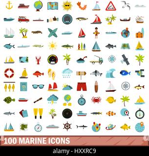 100 marine set di icone di stile di Piana Illustrazione Vettoriale