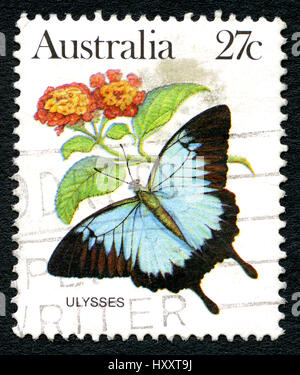 AUSTRALIA - circa 1983: utilizzate un francobollo da Australia, raffigurante un'illustrazione dell'Ulisse Butterfly, circa 1983. Foto Stock