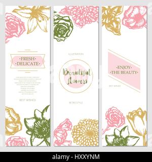 Bellissimi fiori - colore disegnato a mano modello piazza card. Illustrazione Vettoriale