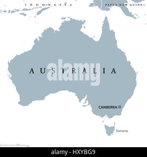 Australia mappa politico con capitale Canberra. Il Commonwealth e paese, continente australiano del continente e in Tasmania. Illustrazione di grigio. Foto Stock