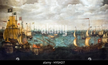 "Il lancio di Fireships contro la Armada spagnola, 7 agosto 1588', Netherlandish School, olio su tela, c.1590. La notte del 7 agosto 1588, Sir Francis Drake, secondo in comando della flotta inglese, inviato in otto fire-navi nel porto di Calais dove gli spagnoli sono stati ancorati. La flotta spagnola sparsi e successivamente è stata decimata da tempeste, Foto Stock