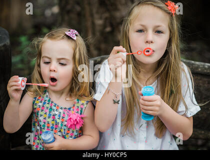 Due giovani ragazze bionda soffiando bolle di sapone Foto Stock