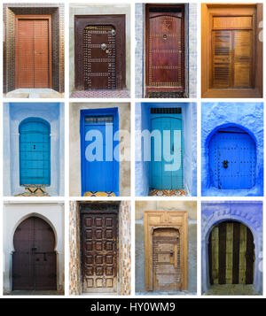 Collage di marrone e blu porte in Marocco Foto Stock