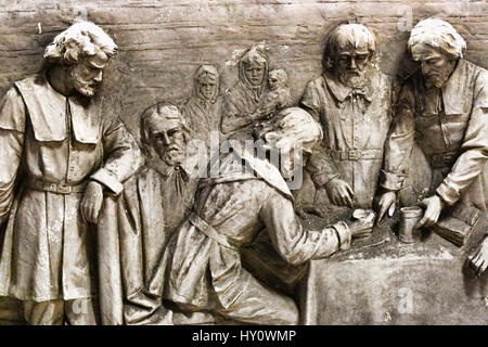 Liberato il carving della firma del compatto nella cabina del Mayflower da Boston Massachetts Foto Stock