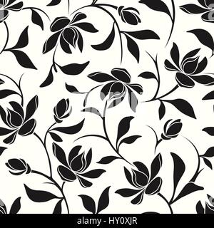 Seamless schema bianco e nero con fiori di magnolia. Illustrazione Vettoriale