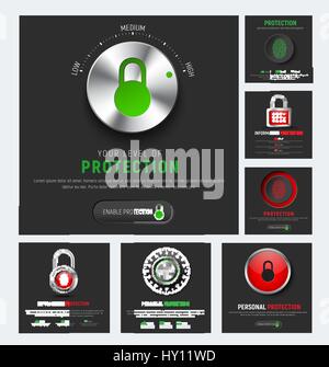 Design del quadrato nero banner per proteggere le informazioni. Modelli di Web con lucchetto, meccanica serratura a combinazione, pulsante rosso con impronta digitale e di un livello Illustrazione Vettoriale