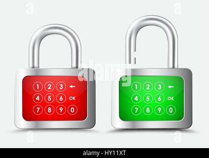 Rettangolare in metallo con lucchetto di rosso e verde con display a un tastierino numerico per l'immissione di un codice PIN o una password. Illustrazione Vettoriale .. Impostare Illustrazione Vettoriale