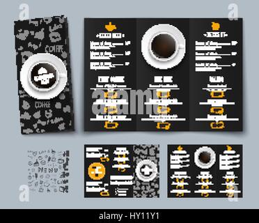 Progettazione di un triplo menu nero per i bar e i ristoranti. Modelli, opuscoli con orange i cartellini dei prezzi, una tazza di caffè e disegni a mano. Mal di vettore Illustrazione Vettoriale