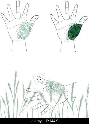 Mano Bozzetto di mano umana gesto in aria formando e pittura di una tartaruga con le alghe in background. Illustrazione Vettoriale