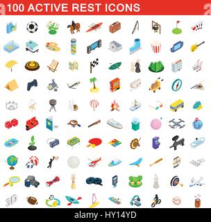 100 Il riposo attivo set di icone isometrica 3d style Illustrazione Vettoriale