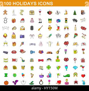 Vacanze 100 set di icone, stile cartoon Illustrazione Vettoriale