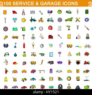 100 Servizio garage e set di icone, stile cartoon Illustrazione Vettoriale