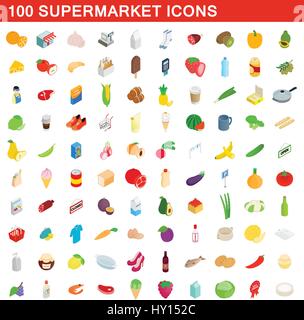 100 supermercato set di icone isometrica 3d style Illustrazione Vettoriale