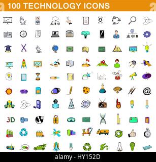 100 tecnologia set di icone, stile cartoon Illustrazione Vettoriale