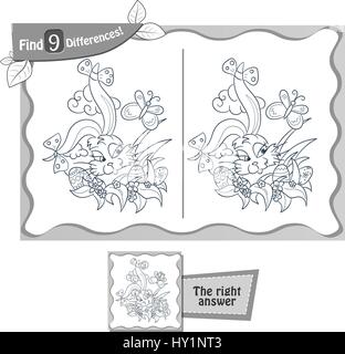 Visual gioco per bambini. Il compito di trovare 9 differenze . libro da colorare coniglietto di Pasqua e uova Illustrazione Vettoriale