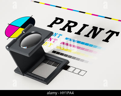 La stampa loupe in piedi sul test del colore della carta. 3D'illustrazione. Foto Stock