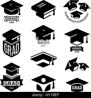 Isolato in bianco e nero e a colori bianco agli studenti di laurea hat logo collection, mortarboard di libri logotipo impostare, università grad emblemi, elemento di istruzione illustrazione vettoriale Illustrazione Vettoriale