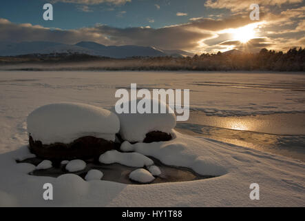 Loch Morlich ghiacciato in inverno, Cairngorms National Park, altopiani, Scozia, Regno Unito, dicembre 2010. Foto Stock