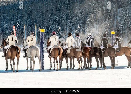 Giocatore di Polo line up durante la neve Polo World Cup 2013 corrispondono, St.Moritz Svizzera | Polo Spieler¤wÃ hrend des Snow Polo World Cup 2013, St.Moritz, Foto Stock