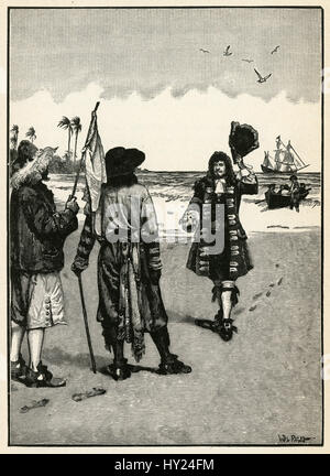 1910s incisione da Robinson Crusoe di Daniel Defoe: "Tu non mi conosci?' illustrato da Walter Paget. Foto Stock