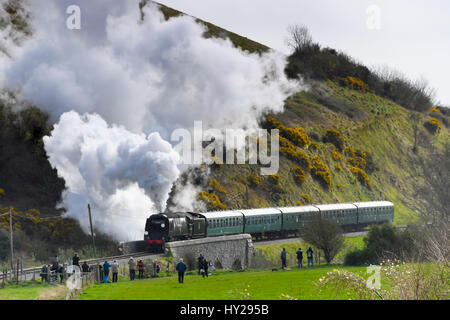 Corfe Castle, Dorset, Regno Unito. 31 Mar, 2017. La stazione ferroviaria di Swanage hosting di un vapore di gala per oltre 3 giorni con Bulleid locomotori per celebrare il cinquantesimo anniversario della operazione finale di bolina vapore servizio sulle ferrovie britanniche meridionale della regione. Nella foto è la locomotiva 34092 Città di Wells avvicinando Norden stazione come si attraversa il viadotto dopo Corfe Castle stazione. Photo credit: Graham Hunt/Alamy Live News Foto Stock