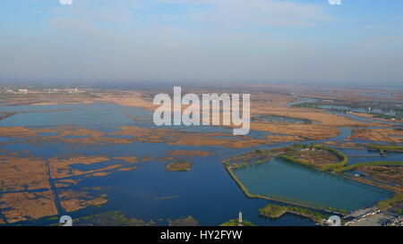 Baoding. 31 Mar, 2017. Foto aerea adottate il 31 marzo 2017 mostra Baiyangdian, nel nord della Cina la più grande zona umida d'acqua dolce, nella contea di Anxin, nel nord della Cina di nella provincia di Hebei. La Cina ha annunciato sabato si dovrebbe stabilire il Xiongan Nuova Area della provincia di Hebei, come parte delle misure per far avanzare lo sviluppo coordinato dell'Beijing-Tianjin-Hebei (BTH) regione. La nuova area, circa 100 km a sud-ovest del centro cittadino di Pechino, si articolerà in tre contee che siedono al centro dell'area triangolare formata da Pechino, Tianjin, Hebei della capitale provinciale Shijiazhuang. Credito: Wang Xiao/Xinhua/Alamy Live News Foto Stock