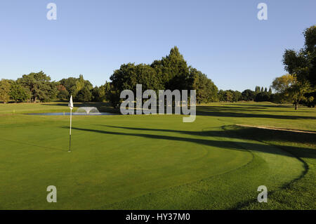 La mattina presto vista su xv verde e stagno , Malden Campo da Golf, New Malden Surrey, Inghilterra Foto Stock