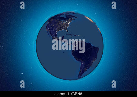 La terra dallo spazio di notte. Computer illustrazione che mostra la terra come visto dallo spazio, centrato sull'Americas. Foto Stock