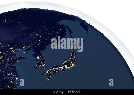 La terra dallo spazio di notte. Computer illustrazione che mostra la terra come visto dallo spazio, centrato rispetto al Giappone. Foto Stock