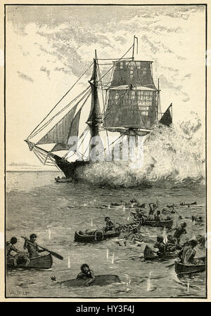 1910s incisione da Robinson Crusoe di Daniel Defoe: "Ha dato loro un tale fiancata.' illustrato da Walter Paget. Foto Stock