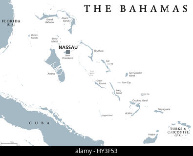 Il Bahamas mappa politico con capitale Nassau. Il Commonwealth e lo Stato-arcipelago entro il Lucayan arcipelago nell'Oceano Atlantico. Foto Stock