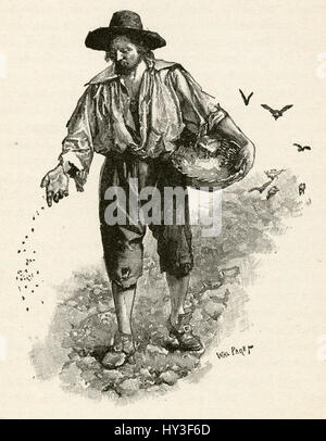 1910s incisione da Robinson Crusoe di Daniel Defoe: 'Ho seminato il mio grano.' illustrato da Walter Paget. Foto Stock