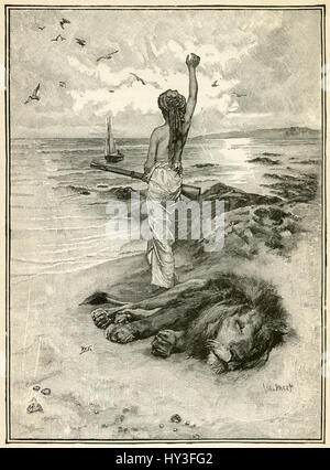 1910s incisione da Robinson Crusoe di Daniel Defoe di Xury e il leone morto: "Questo gioco è stato effettivamente.' illustrato da Walter Paget. Foto Stock