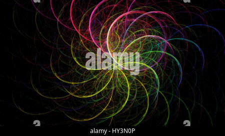Abstract frattale con linee curve sagomatura di un fiore, in colori al neon su sfondo nero Foto Stock